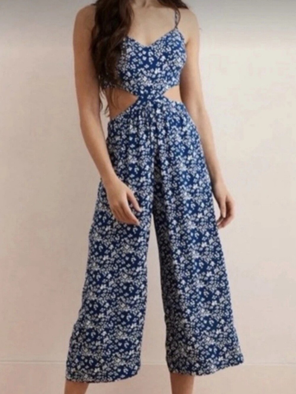 Aerie Cut Out Side Cropped Wide Leg Jumpsuit Blue Floral Women's Medium Resort